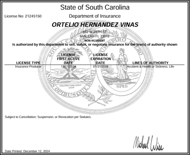 South Carolina Department of Insurance non-resident producer license for Ortelio Hernandez Vinas.