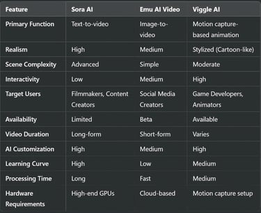 Sora AI vs Emu AI Video vs Viggle AI: Feature Comparison
