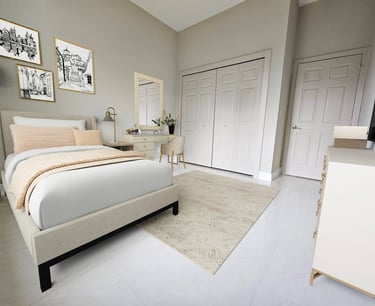 Digitally staged view of bedroom 2, queen size bed and make up vanity with chair