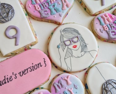 cookies with Taylor Swift, Zadie's Version, disco balls in pink, purple, blue, white, and black