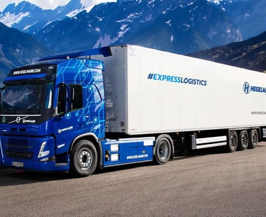 a blue truck with a trailer in the mountains