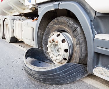 A heavy-duty truck with a blown out shredded tire on the side of a highway road.
