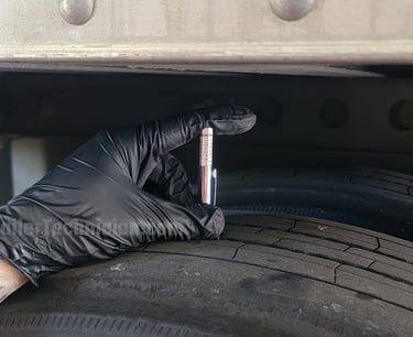 A gloved technician uses a tire depth gauge to check the tread on a semi-trailer tire.