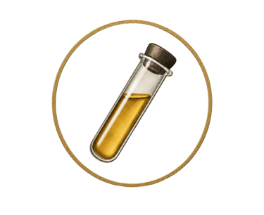 A glass test tube filled with golden liquid medicine inside a gold circle on a black background.