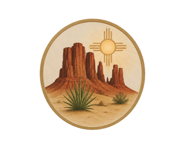 Vintage Southwest desert illustration featuring red rock buttes, yucca plants, and a Zia sun symbol.