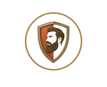 Gold and black shield logo featuring a bearded man profile for barbershop branding.