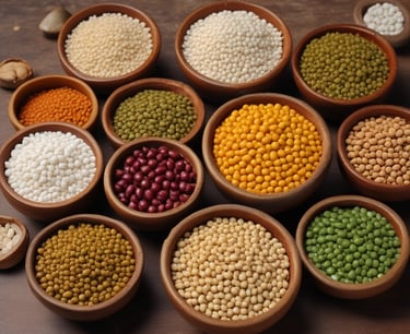 A rustic bowl filled with golden millet grains resting on a wooden table.