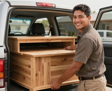 Warm, candid photography of a friendly team member in uniform, smiling and loading sturdy wooden furniture onto a clean pickup truck, bright natural daylight, 35mm lens, portrait aspect.