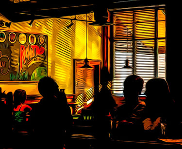 Photo art image of sun light cafe with silhouetted people