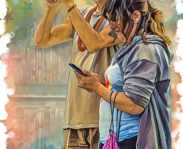 Digital painting of a man and woman experience life through their smart phones