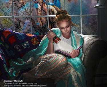 Photo art image of girl reading fantasy book by flashlight