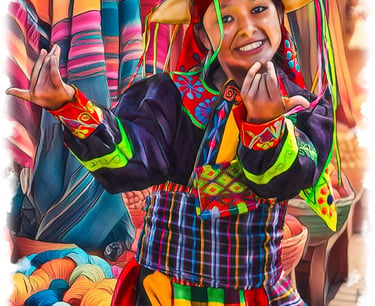 Digital painting of a beckoning Bolivian woman in colorful native clothes