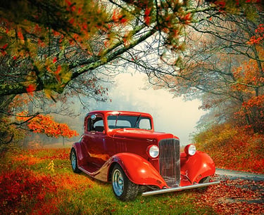 Photo art image of old car parked by the side of the road in fall