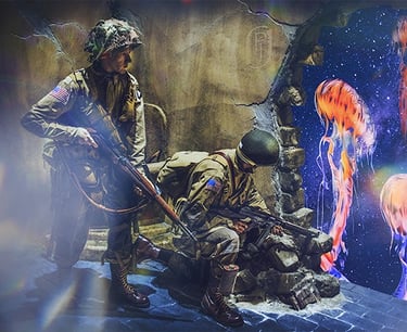 Photo art image of soldiers looking at space jelly fish