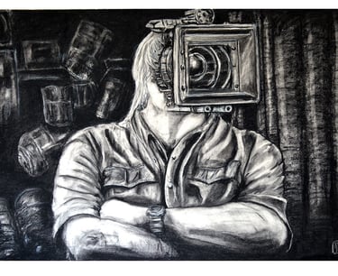 Illustration of videographer with camera lens for face