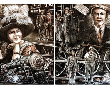 Old fashion couple and trains illustration