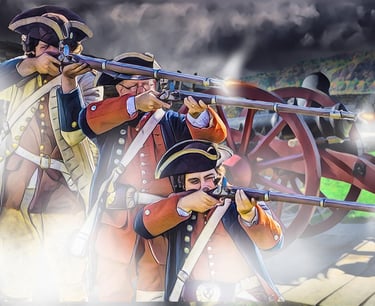 Digital painting of three revolutionary era soldiers firing their muskets