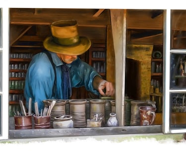Digital painting of a potter and his jars, as seen through a window