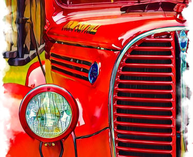 Digital painting of part of the front of a red truck