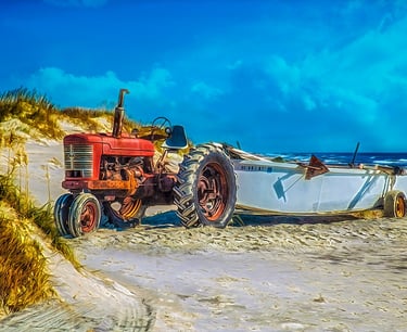 Photo art image of tractor and boat sitting among beach dunes
