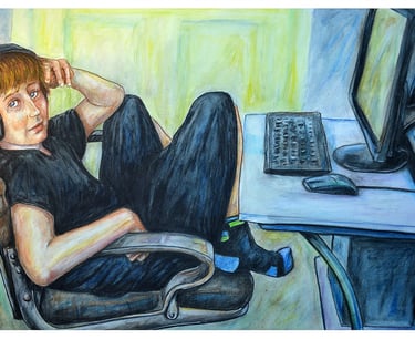 Boy at a computer keyboard illustration