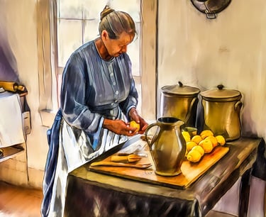 Digital painting of woman preparing food in an old style kitchen