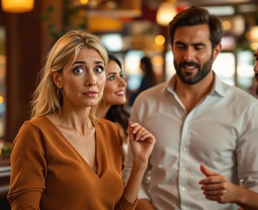 Woman with confused expression while others converse, symbolizing fear of speaking Spanish