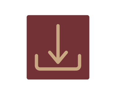 Download icon featuring a gold arrow pointing down into a bracket on a maroon square background.