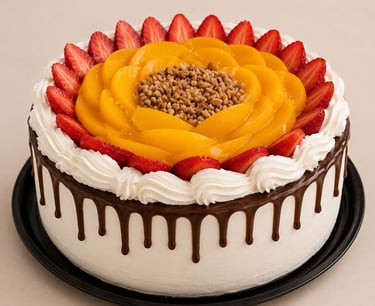 pastel decorado con fruta, betun y chocolate derretido