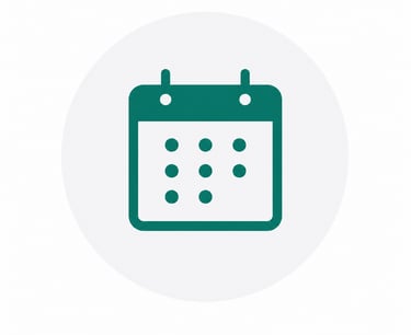 A teal green calendar icon inside a light grey circle for scheduling and event planning.