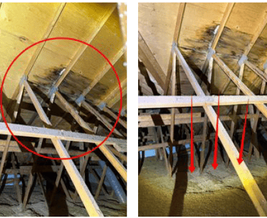 Black mold growth on attic roof sheathing caused by a water leak and poor ventilation.