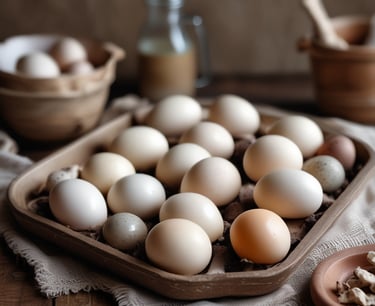 Close-up of colorful chicken eggs in a rustic basket