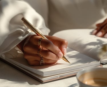 a woman's hand holding a pen and writing on a notebook