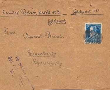 Fragment of a heavy letter from the front to Germany franked at 20 Pf for a weight of up to 550 g. 