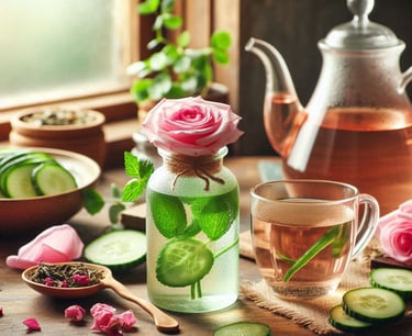 glass jar with a rose, and pink colored tea in glass teapot