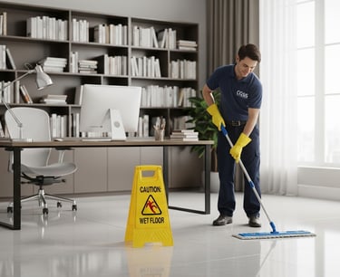 a man cleaning a floor with a wet floor
