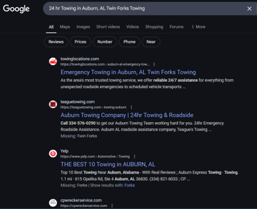 Towing SEO Google Ranking Results