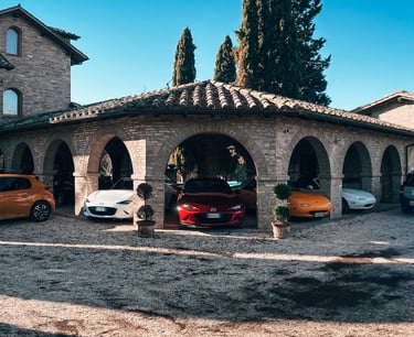 a group of cars parked in front of a building
