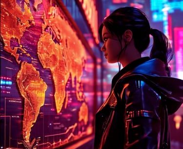 Mulher observando painel interativo de mapa mundial iluminado em cidade neon