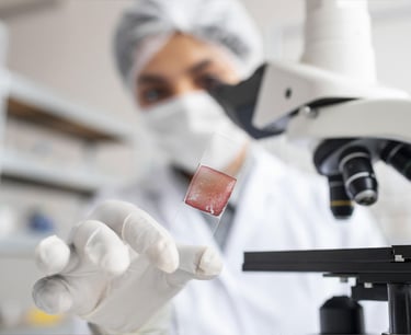 Um cientista em um laboratório segurando uma lâmina de vidro com amostra perto de um microscópio par