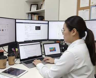 seo expert in front of computer monitors and laptops working