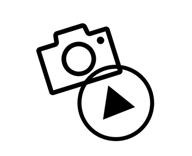 Black line icon of a digital camera and a play button circle for video and photo media.