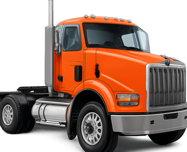 Orange and white heavy-duty commercial truck.