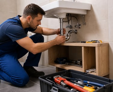 Réparation de lavabo et travaux de plomberie réalisés par un plombier qualifié en France.