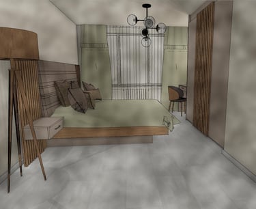 3d visualisation of bedroom furniture - bed, two night stands, wardrobe with sliding doors