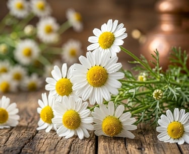 Fresh white chamomile flowers with yellow centers on a rustic wooden table with a copper teapot.
