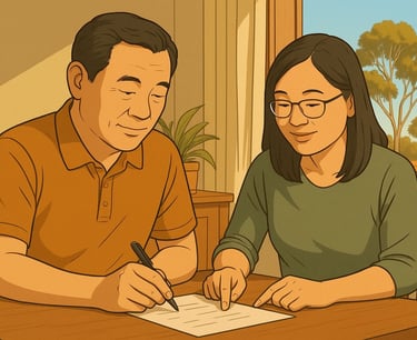 Mandarin-speaking couple planning together at a table in a bright Robinvale home, morning light, gum trees outside.