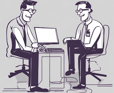 two men sitting at a desk with a laptop