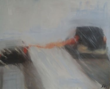 Besneeuwde snelweg, olie op doek