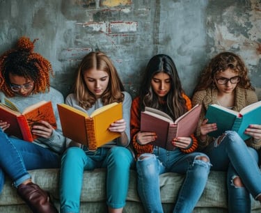 imagens de um grupo de jovens lendo seus livros de finanças